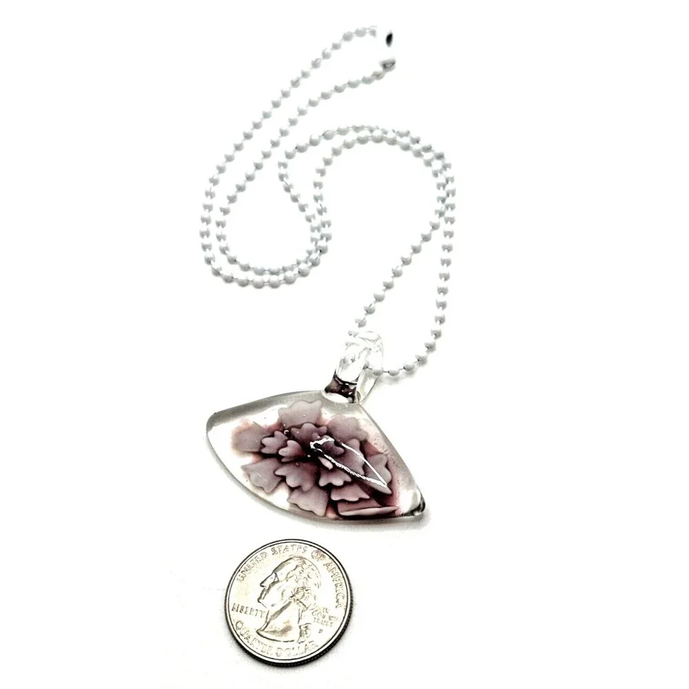 Artisan Lampwork Glass Floral Pendant Necklace Pink Purple Hand Blown 18” Chain